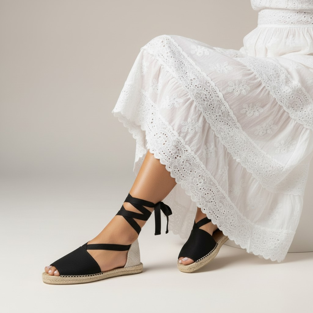 Flat espadrilles with lace ribbons