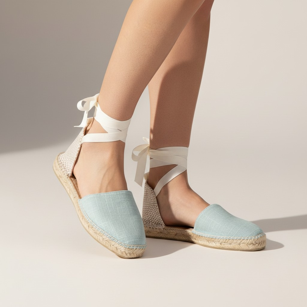 Flat linen espadrilles with interchangeable straps
